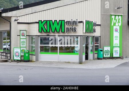 ANDALSNES, NORWAY - JULY 20, 2015: Kiwi Mini Pris supermarket in Andalsnes, Norway. Kiwi is part of NorgesGruppen group. There are 630 Kiwi stores in Stock Photo