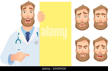 Doctor holding blank signboard - set. Doctor vector illustration. Stock Vector