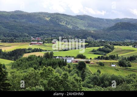 Farmlands and pastures in Norway. Agricultural area in the region of Oppland fylke. Stock Photo