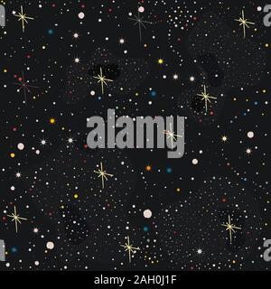 Seamless Pattern with Colorful Stars. Dark Starry Night. Red, yellow, blue stars. Vector Illustration Stock Vector