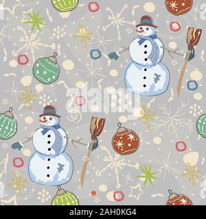 Seamless Pattern with snowman on green background. Vector Illustration Stock Vector