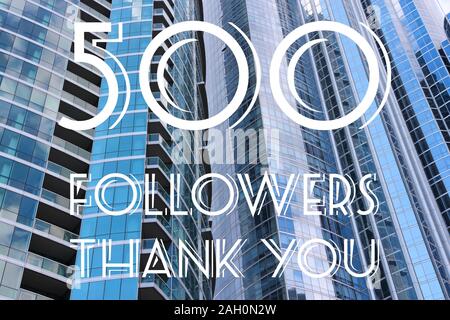 500 followers - social media milestone banner. Online community thank you note. 500 fans. Stock Photo