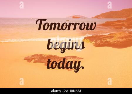 Inspirational quote poster - tomorrow begins today. Success motivation. Stock Photo