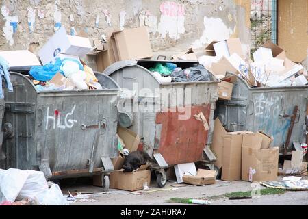 SUBOTICA, SERBIA - AUGUST 12, 2012: Municipal waste dumpsters in Subotica, Serbia. As of 2016 only 10 percent of solid waste was recycled in Serbia. Stock Photo
