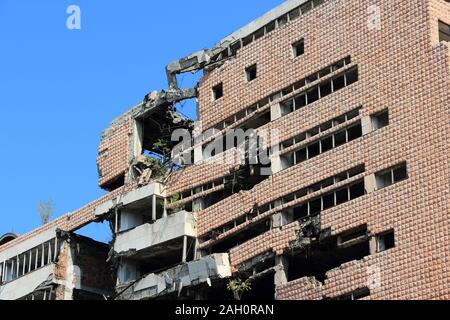 BELGRADE, SERBIA - AUGUST 15, 2012: War destruction in Belgrade, Serbia. The Yugoslav Ministry of Defence building was bombed and damaged in 1999 by N Stock Photo