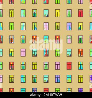 Illuminated windows in facade of large apartment building, seamless pattern, evening panorama multistory city house. Multi-colored light windows with Stock Vector