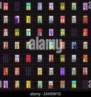 Illuminated windows in facade of a large apartment building, seamless pattern, night panorama multistory city house. Multi-colored light windows with Stock Vector