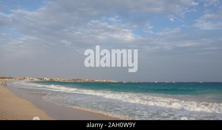 Santa Maria, Sal / Cape Verde: 17. November, 2019: tourists enjoy walking along the tropical beaches in Cape Verde on Sal Island Stock Photo