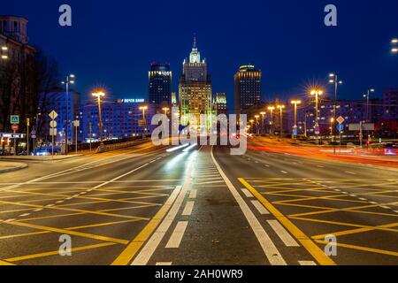 Moscow, Russia - November 15, 2018: The road leading to The Ministry of Foreign Affairs of  Russia at night on November 15, 2018 in Moscow, Russia. Stock Photo