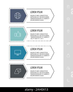 Vector infograph flat template. Shape with arrow for four diagrams, graph, flowchart, timeline, workflow, web. Business concept with 4 labels Stock Vector