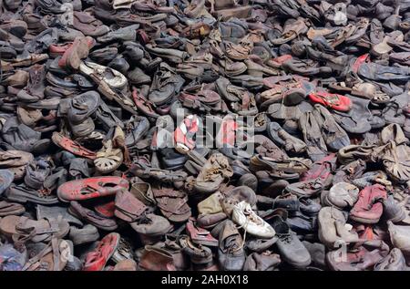 Shoes that once belonged to victims of Nazi genocide on display in Block 5 of the Auschwitz Museum, Auschwitz concentration camp, Oświęcim, Poland Stock Photo