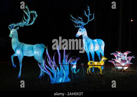 Warsaw, Poland - December 16, 2019: Deers at Chinese Light Festival, traditional Chinese culture exhibition at Fort Bema Stock Photo