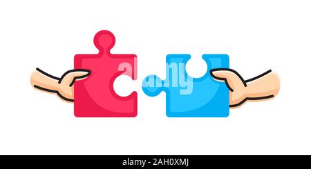 Hands putting two puzzle pieces together. Family concept. Business, teamwork and partnership concept. Vector illustration Stock Vector