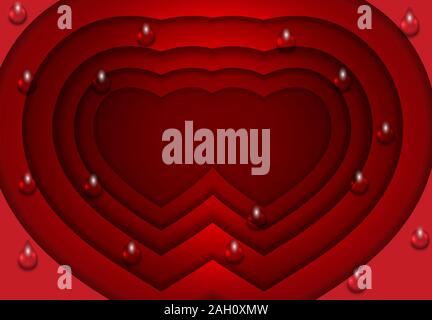 Valentine's Day. Two red hearts are cut out of paper with drops of water in the foreground. Place for announcement. abstract art of carving. Vector il Stock Vector