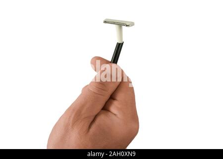 Man hand holds used disposable shaving stick. Mock-up on white isolated background. Middle aged man face care concept closeup image Stock Photo
