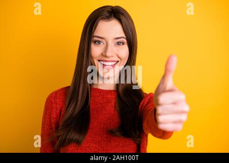 Perfect. Portrait of enthusiastic girl future promoter show thumb up give feedback about promo sales discounts wear good look outfit isolated over Stock Photo