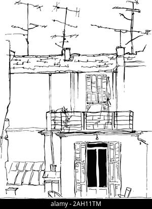 Sketch of a European authentic  house with antennas. Postcard for print Stock Vector