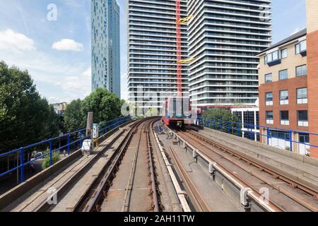 View through the front window of a DLR train, London, England Stock Photo