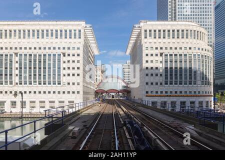 View through the front window of a DLR train, London, England Stock Photo