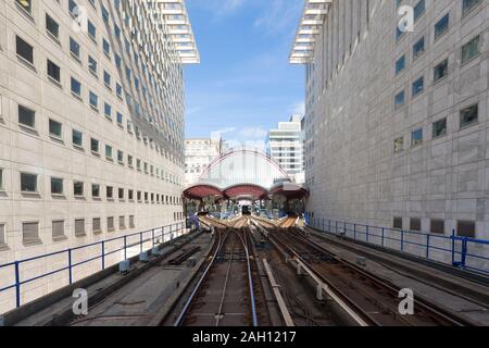 View through the front window of a DLR train, London, England Stock Photo