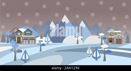 Winter Snowy Landscape with houses, trees and mountains. Suburban Buildings in Winter Landscape. Flat Vector Illustration. Detailed House Design Stock Vector