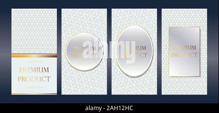 Set, collection of luxury labels, frames, flyers for premium products, packaging, perfume, soap. Premium design. White, beige background with texture. Stock Vector