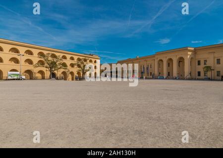 Gorgeous panoramic view of the curtain wall on the upper castle courtyard of the famous Ehrenbreitstein Fortress in Koblenz, Germany on a beautiful... Stock Photo