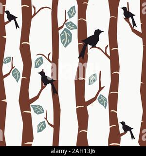 Seamless Tree Pattern with big birds and leaves. Vector Illustration. Stock Vector