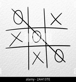 Tic tac toe vector hand drawn game on a white paper. Zero wins Stock Vector