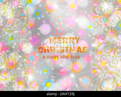 Merry Christmas and happy new year greeting card design with floral and ornamental background Stock Photo