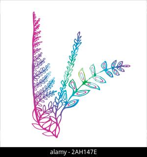 Neon illustration of bouquets of fern and grass. Stock Vector