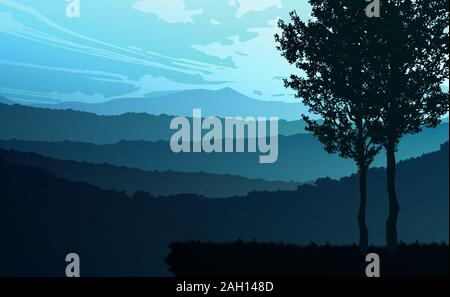 Natural forest trees mountains horizon hills and the route Sunrise and sunset Landscape wallpaper Illustration vector style Colorful view background Stock Vector