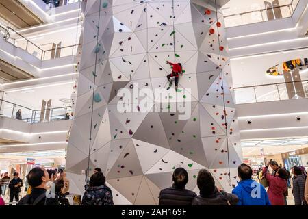 A young woman tries out the 55-meter-tall world's tallest indoor roket climbing wall at the New World City Plaza in Shanghai, China on December 20th, Stock Photo