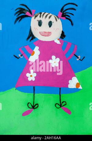 Naive children's style painting of a preschool aged girl with pigtails in blue, green, red and yellow Stock Photo