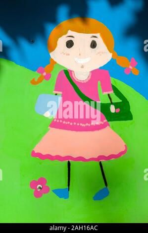 Naive children's style painting of a preschool aged girl with pigtails in blue, green, red and yellow Stock Photo