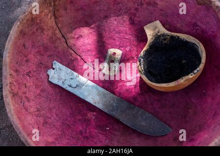 female genital mutilation, Benin, Kandi, razor blade, antiseptic paste, tools for perfoming fgm, Stock Photo