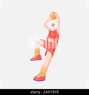 Vector flat colored sketch illustration of professional basketball player, playing with basketball ball in dynamic pose, isolated on white. Modern Stock Vector