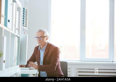 Serious mature manager concentrating on his online work he sitting at the desk and using computer at the office Stock Photo