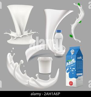 whole milk yogurt and cream big splash set, pouring and splashing 3d vector realistic illustration, diary beverage product design elements, packaging Stock Vector