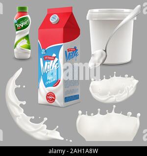 whole milk yogurt and cream big splash set, pouring and splashing 3d vector realistic illustration, diary beverage product design elements, packaging Stock Vector