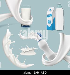 whole milk yogurt and cream big splash set, pouring and splashing 3d vector realistic illustration, diary beverage product design elements, packaging Stock Vector