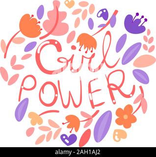 Feminist girl power lettering with floral elements, flowers and leaves, circle form isolated on white, pastel colors. Feminist cute cartoon girl power Stock Vector