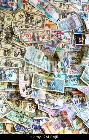 International money notes on the wall at The Brazen Head pub, Dublin, Ireland Stock Photo