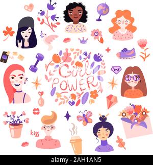 Feminist and cute girl power illustration set. Girls portraits, flowers, stickers, sweets with floral decoration. Cute cartoon feministic girl power Stock Vector
