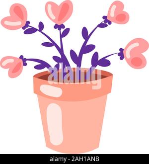 Cute cartoon vector illustration of hearts, growing in flowerpot. Flowers in heart shape, home plant concept - growing love. Icon for valentine day Stock Vector