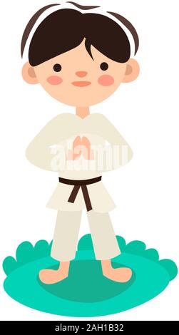 Little kid, child preparing for karate training. Boy doing martial fight exercise on green grass. Isolated vector cartoon illustration with boy in Stock Vector