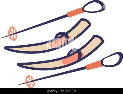 Vector cute ski and skiing equipment - ski and sticks - illustration in cartoon style, isolated on white background. Stock Vector