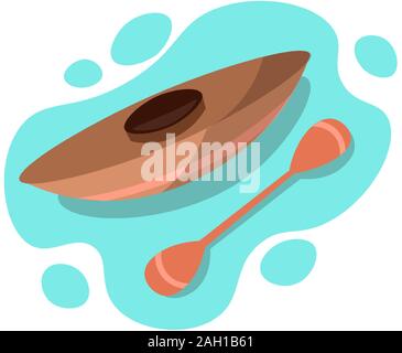 Rowing race boat for one person. Kayak ride icon in blue water, vector illustration. Canoe with paddle in water, vector icon Stock Vector