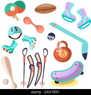 Vector set of cartoon kids sport equipment. Tennis racquets, skiing, state and baseball rasquet in one funny set of child summer sport and games Stock Vector