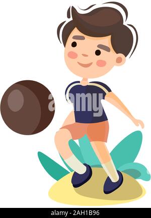 Cute little boy playing with ball. Summer kids sport activity, vector cartoon illustration, isolated on white background. Kid plays with ball on Stock Vector